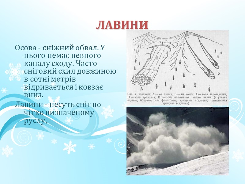 ЛАВИНи Осова - сніжний обвал. У нього немає певного каналу сходу. Часто сніговий схил